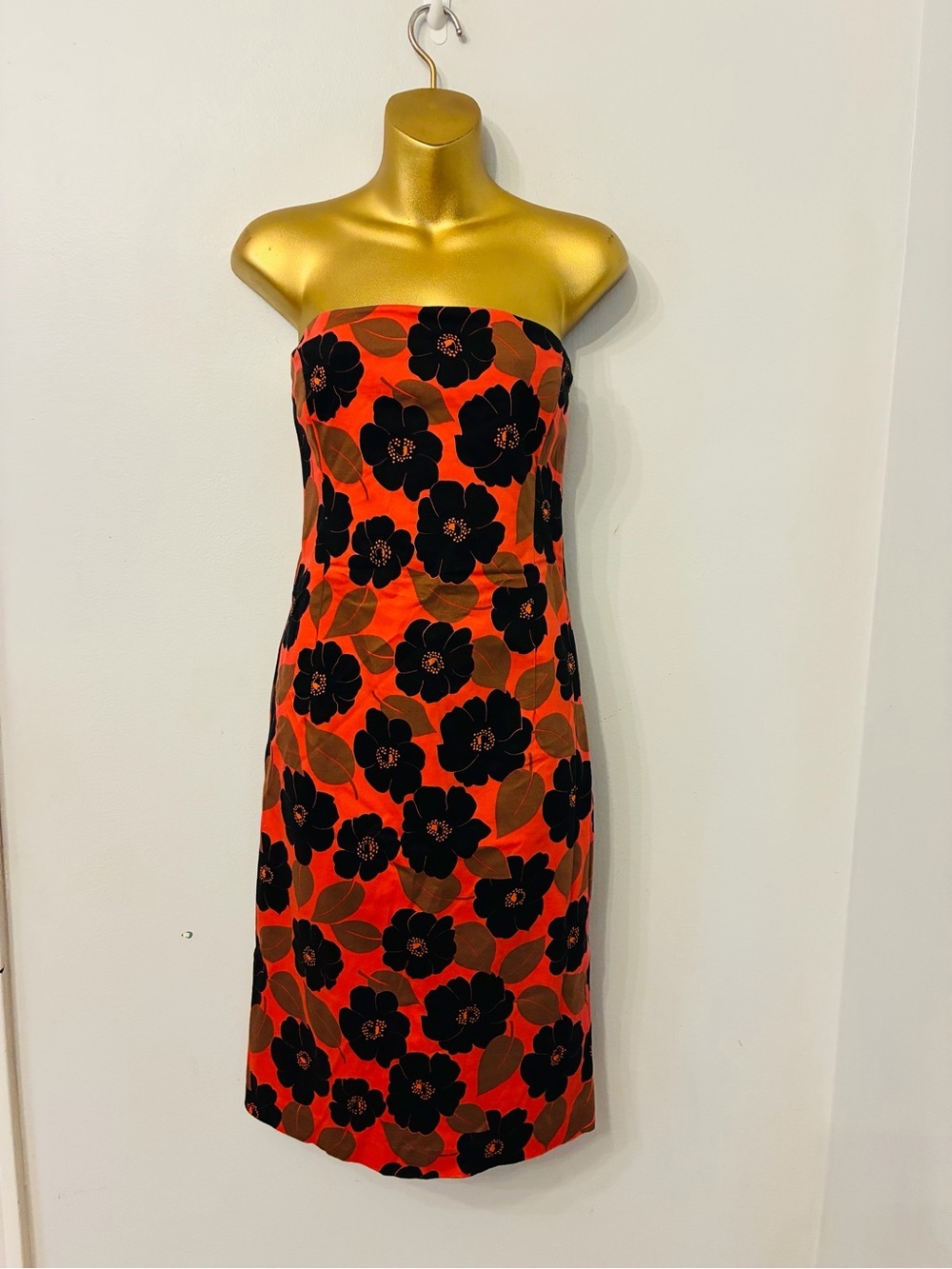 Helen Wang Strapless Floral Dress Orange Black Retro Midi Cocktail Dress - Picture 2 of 5